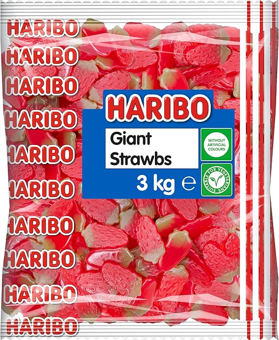 HARIBO Giant Strawbs 3kg bulk bag vegetarian sweets, (Pack of 1)