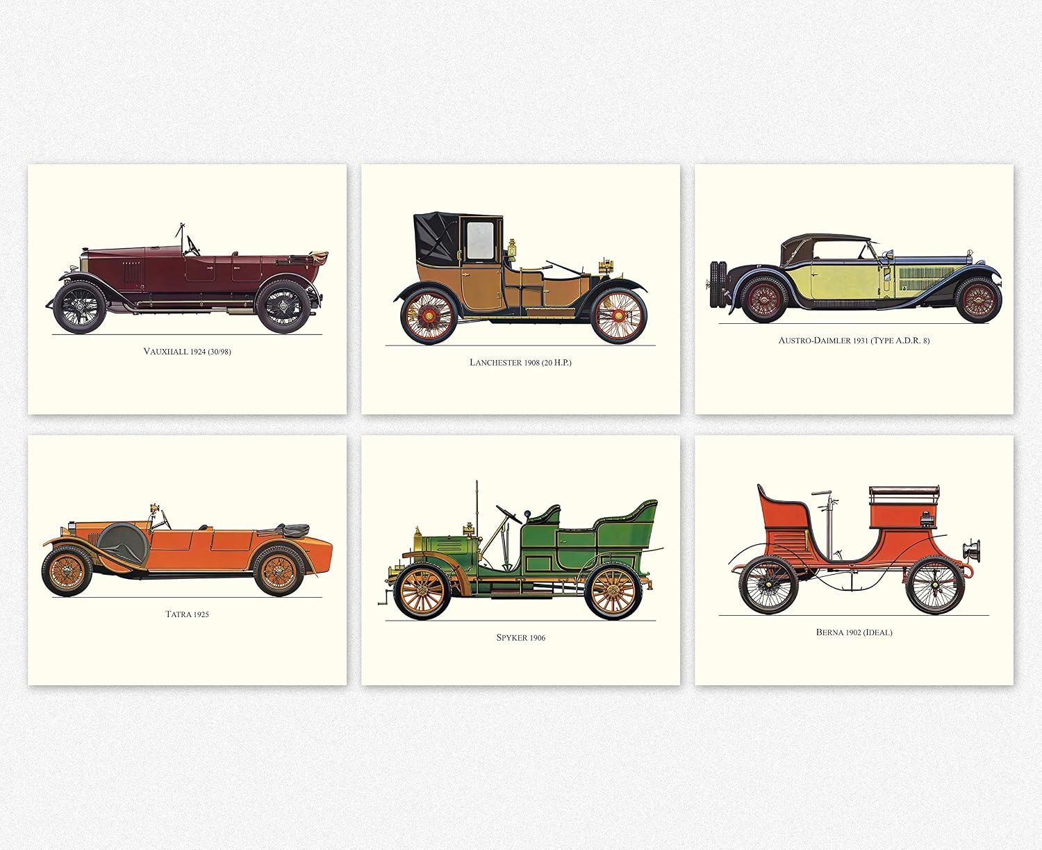 Wallbuddy Vintage Car Prints Set of 6 Classic Car Art 8x10 inches - Unframed