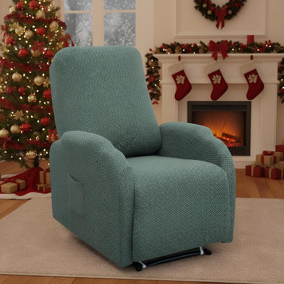LiveGo Recliner Cover 4-Pieces Lazy Boy Recliner Covers 1 Seater Couch Protector Soft Furniture Covers with Elastic Chair Covers Jacquard Pattern Protector Prevent wear and pet Hair (Pine Green)