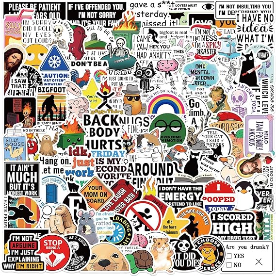 100pcs Prank Meme Decals, Classic Funny Graffiti Colorful Waterproof Vinyl Stickers for Laptop Skateboard