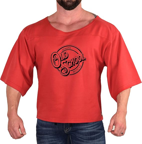 Men's T-Shirt in Red Oversize Bodybuilding and Fitness Workout Rag Top Cotton Active Wear Shirt with Old School Design