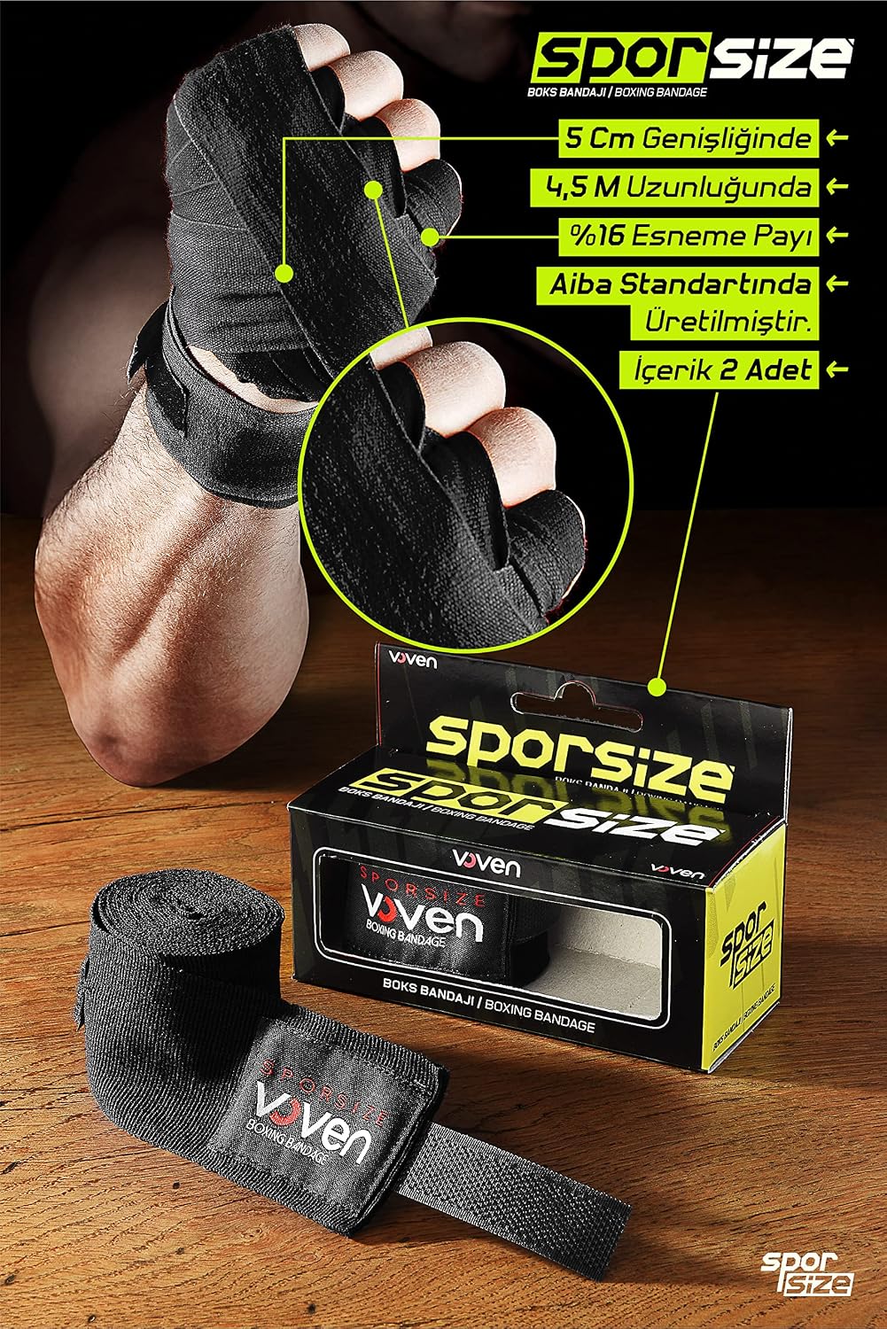 Sporsize Boxing Muay Thai Bandage Black Boks Bandajı Muay Thai Bandajı El Sargısı Tüm Ebatlar, Renkler