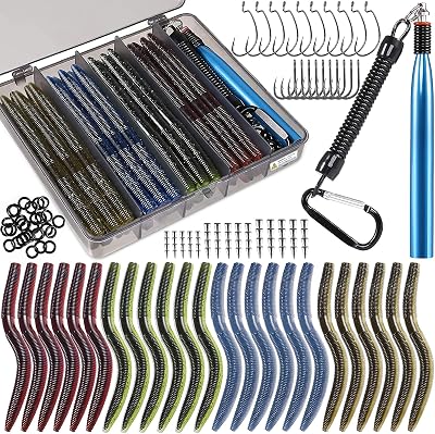 PLUSINNO Wacky Worm Fishing Lure Kit, Soft Plastic Fishing Lures, Grub Baits Hook Wacky Rig Bass Trout Fishing Worms Lures wTackle Box
