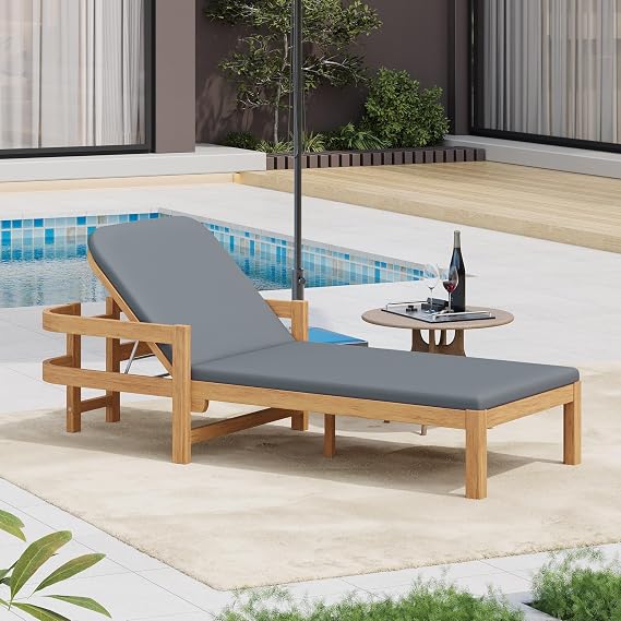 GDFStudio Chaise Lounge Outdoor Chairs with Cushion Patio Lounge Chair Adjustable 4-Position Backrest Recliner Full Flat Tanning Sunbathing Teak Acacia Reclining for Outside Beach Pool, Dark Gray