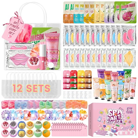 136Pcs Spa Party Supplies Set - 12 Spa Day Kits with Face/Lip/Eye/Hand/Foot Care,Party Favors for Sleepovers,Birthdays,Slumber Party & Relaxation,All Skin Types Safe
