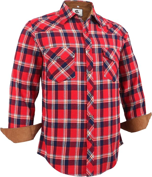 Mens Western Cowboy Flannel Shirts Corduroy Lined Snap Button Up Cotton Regular Fit Long Sleeve Plaid Shirts