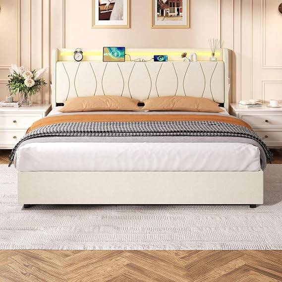 5ft King Size Bed Frame Upholstered Ottoman Bed with Hydraulic Lift & LED Concealed Storage Headboard, Linen Beige Functional Gas Lift Storage Beds with Charging Station & Sturdy Metal-Wood Support