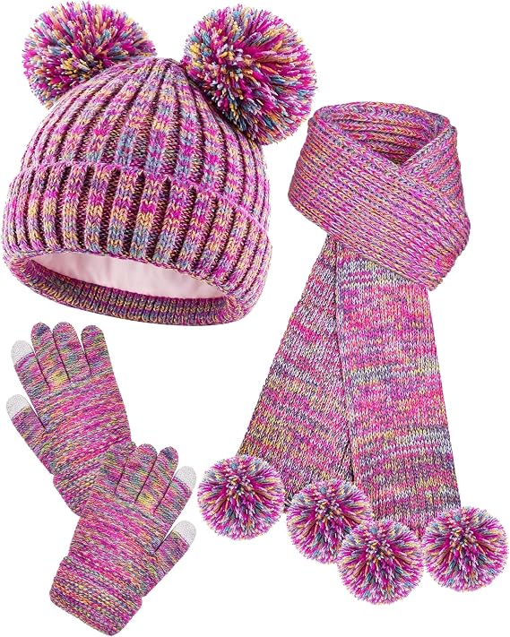 Girls Winter Hat Beanie with Pom, Scarf & Gloves Set, Ages 3-8, Unisex, Pink, Heavyweight Acrylic, Cartoon Pattern, Casual & Practical, 3 Count, Winter Holidays Gift