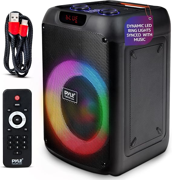 Pyle 100W Bluetooth Karaoke PA Speaker with 8 Inch Woofer, Echo Bass and Treble Control, USB SD Card FM Radio, Mic Input, LED Lights for Home Events and DJ Use