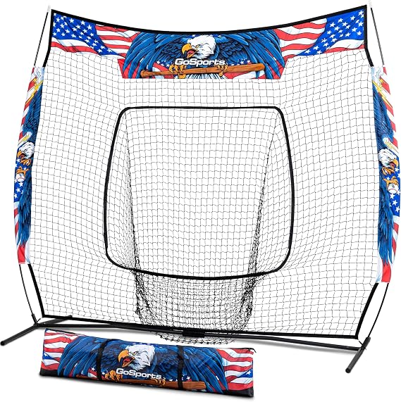 GoSports 7 ft x 7 ft Baseball & Softball Nets - Red, Black, Drip or PRO - Practice Hitting & Pitching Net with Bow Type Frame, Carry Bag and Strike Zone, Great for All Skill Levels