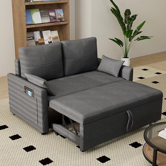Pull Out Sofa Bed: 55" Grey 2 in 1 Convertible Sleeper Sofa Bed