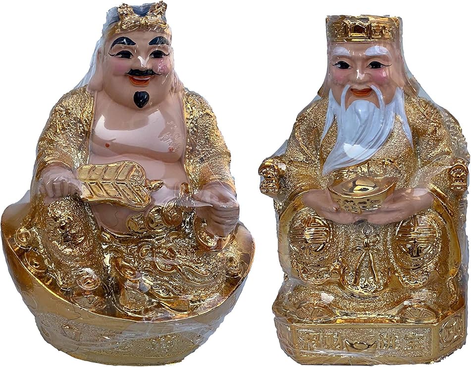 Golden CaiShen Statue, CAI Shen, God of Fortune, God of Wealth, Lucky and Wealthy Statue, Feng Shui Decor, Feng Shui Gift, 1 Pair (2 Statues) (8 Inches)