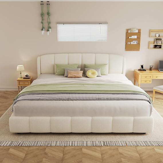 Cloud Bed Frame King Size, Beige Marshmallow Bed Frame with Curve-Shaped Design Headboard, Boucle Upholstered Platform Bed, Rounded Corners, No Box Spring Needed, Easy Assembly (King)