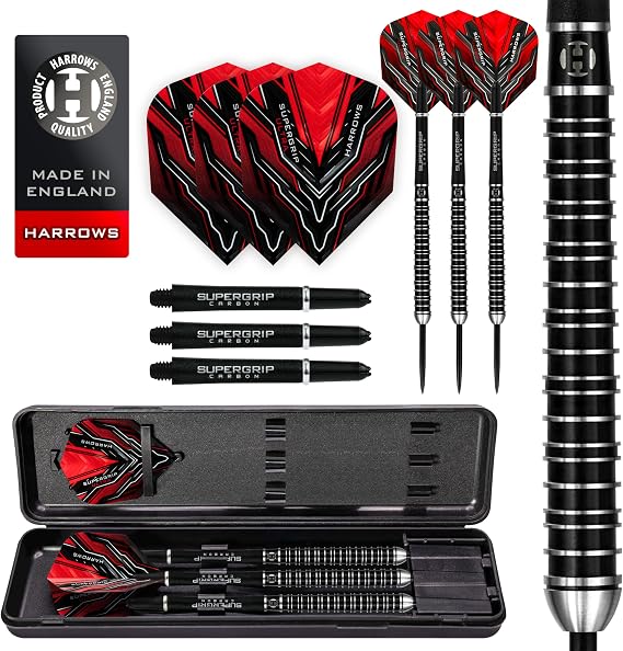 Harrows SUPERGRIP ULTRA 90% Tungsten Steel Tip Darts Set. Available in 21g, 22g, 23g, 24g, 25g, 26g, 28g & 30g - Includes Supergrip Carbon Shafts, Supergrip Flights & Travel Case