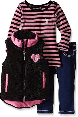 U.S. Polo Assn. Baby Girls Newborn Striped Long Sleeve T-Shirt Vest and Jean
