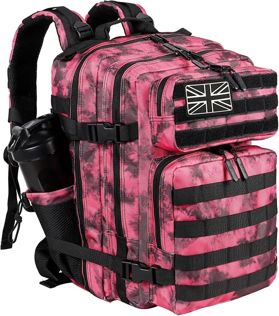 LHI Tactical Military Backpack for Men and Women 35L Army Assault Pack Bag Small Rucksack with Bottle Holder - Pink Tie-Dye