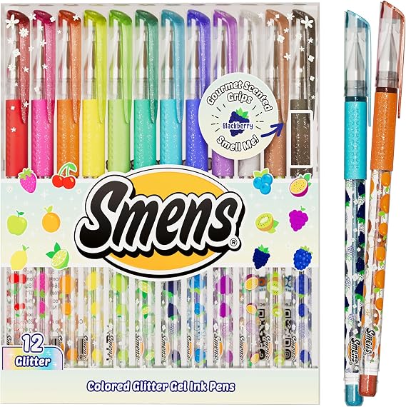 Smens Scented Glitter Gel Pens 12 Pack Colored Gel Pens with Sparkly Ink & Gourmet Scented Grips Fun School Supplies, Cute Journaling Pens & Creative Stationery Gift Set
