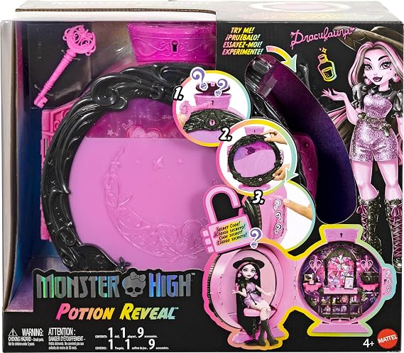 Monster High Potion Reveal Playset with Draculaura Doll | Unboxing Experience with Key & Secret Code, Includes 9 Accessories like Hat, Potion Bottle & Cauldron
