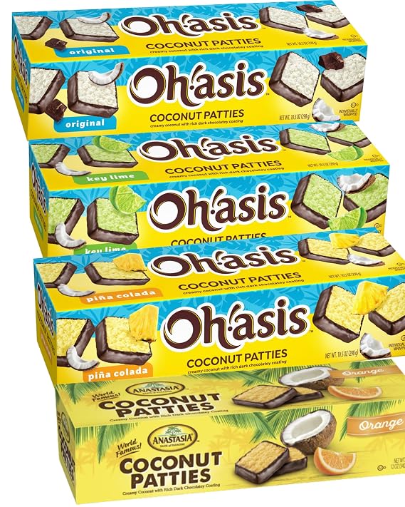 Coconut Patties, Chocolate, Anastasia, oh asis! Patties Original, Coconut orange, key Lime Patties and Pina Colada Patties, (4 count) 10oz, Variety pack