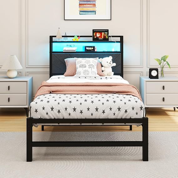 HOMERECOMMEND Single Bed Frames with Storage Shelf and LED Lights,Dark Grey
