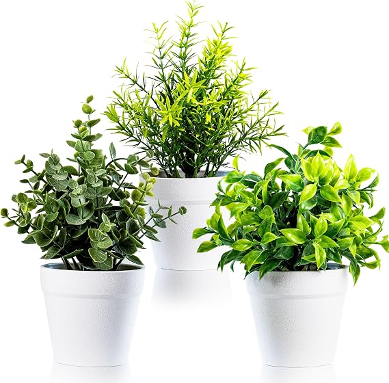 Decorative Artificial Plants Indoor in Pots Set of 3 - Plastic Fake Plants Indoor with Pot - Eucalyptus Rosemary Succulents Faux Plants for Wall Desk Bedroom Decoration Office