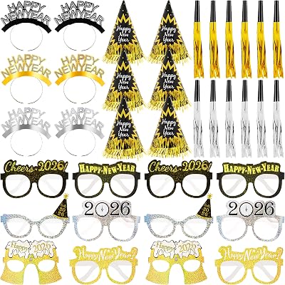 New Years Eve Party Supplies Decorations 2026, 36pcs Headband Noise Makers Party Favors Black Gold Silver Happy New Year Cone Hats Cheers 2026 Glasses for New Years Eve Accessories Kit