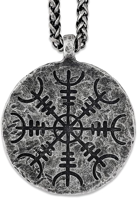 HAQUIL Antique Vegvisir Helm of Awe Pendant Necklace, Viking Jewelry Gift | Metal Alloy, Antique Steel Tone, Wheat Chain, Nordic Costume Fashion Statement Accessory