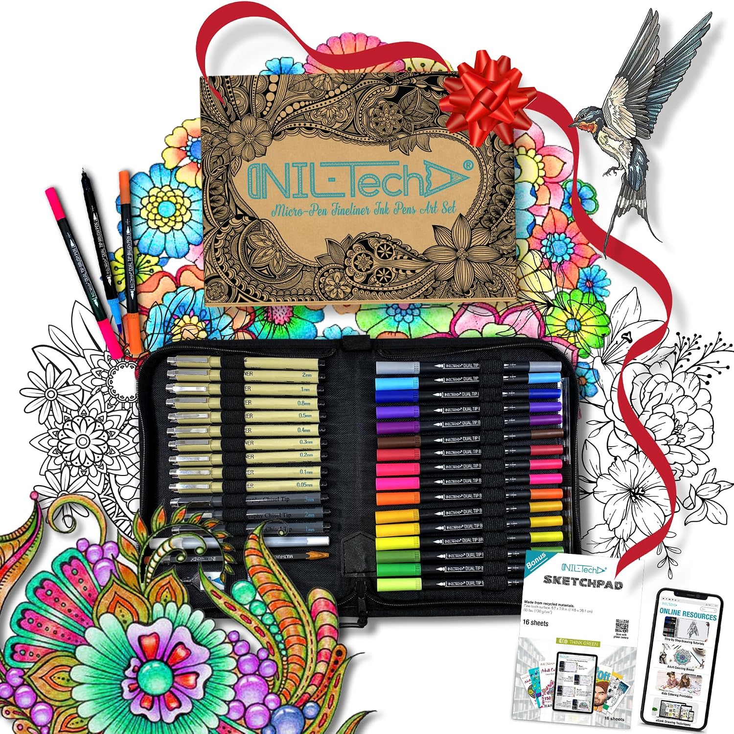 All-in-One Artist Pens for Journaling -16 Dual Tip Brush Pens, 3 Calligraphy Pens, 10 Drawing Pens, Ruler, White Ink Pen, Mechanical Pencil, Sketch Pad Perfect for Coloring Journaling Planner Projects