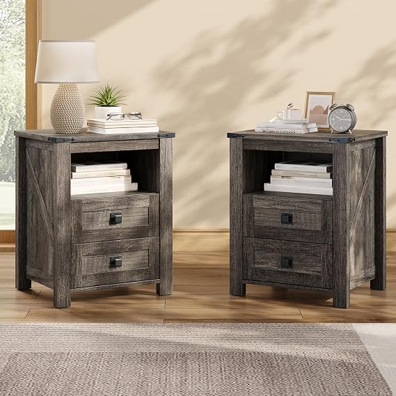 AMERLIFE Farmhouse Wood Nightstand Set of 2, End Table with Drawers, Grey