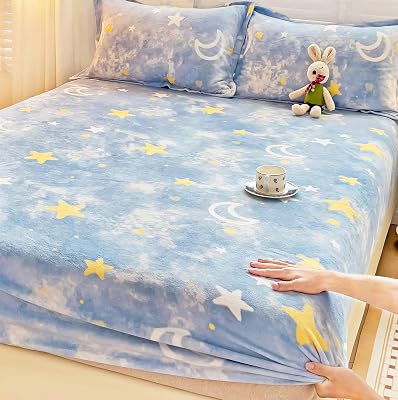J-pinno Blue Sky Stars Clouds Kids Boys Girls Teens Twin Bed Fitted Sheet Set, Premium Velvet Flannel Fluffy Fleece Plush Thick Warm Durable Bedding Set, Include 1 Fitted Sheet and 1 Pillowcases