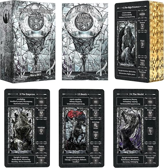 Black Stained Glass Tarot Cards for Beginners with Meanings on Them 400GSM Unique Thickness Gilded Learning Tarot Deck Set with Guide Book and Golden Edge on 78 Cards