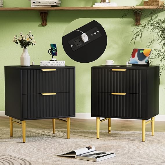 HQZX Black Nightstand Set of 2 with Charging Station | Fluted Nightstand with 2 Drawers, Modern Bedside Table with Gold Legs, End Table for Bedroom