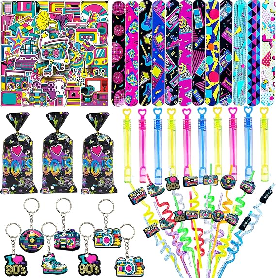 CHSLtmxq 122 PCS 80s Party Favors, 90s Party Favors and Decorations Set | 122pcs 80s party decorations and 90s party favors with gift bags, stickers, slap bracelets, keychains, straws, and wands.