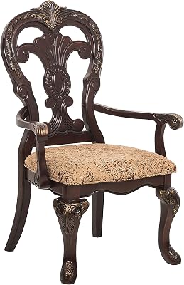 Traditional Formal Armchairs Set of 2 Cherry Finish with Gold Tipping Fabric Upholstery Wooden Dining Room Furniture