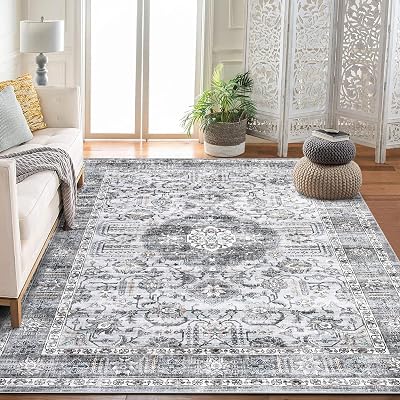 RUGSREAL Washable Rug 10x13 Vintage Rug Soft Large Rugs for Living Room Boho Distressed Non-Slip Bedroom Rug Farmhouse Oriental Rug Stain Resistant Floor Carpet for Dining Room Home Office Grey