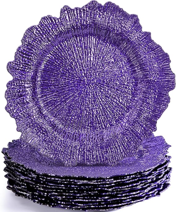 WUWEOT 12 Pack Purple Charger Plates, 12.7" Plastic Reef Dinner Under Plate, Round Charger Service Base Plate Bulk with Ruffled Rim for Party, Wedding, Catering Event, Tabletop Decor