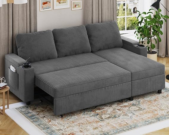 Devoko Chaise Longue Sofa Bed, 3 Seater Cheslong Living Room Sofa Convertible into Bed, with Built-in Storage and Cup Holder, L-Shaped Chaise Longue Sofa with Soft Dark Grey Fabric