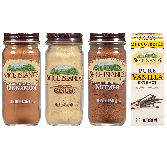 Spice Islands Essential Baking Spice Set with Ground Ginger, Cinnamon, Nutmeg, and Pure Vanilla