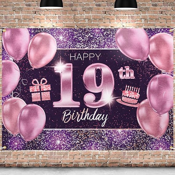 Happy 19th Birthday Banner Backdrop - 19 Birthday Party Decorations Supplies for Women- Pink Purple Gold 4 x 6ft