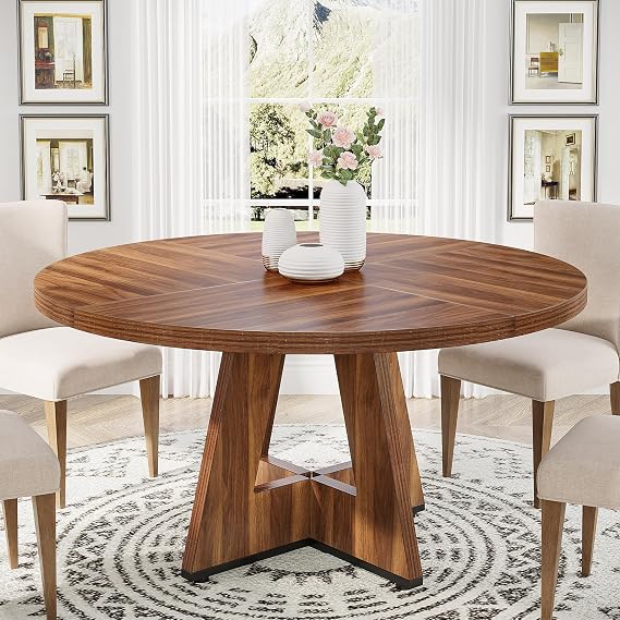 Tribesigns Round Dining Table - Farmhouse Dinner Table for 4 People, Rustic Brown Wooden Top and Legs, 120 cm Dining Room & Kitchen Table