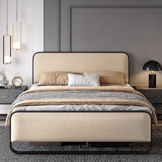 SHA CERLIN Full Size Metal Bed Frame with Upholstered Headboard, Beige
