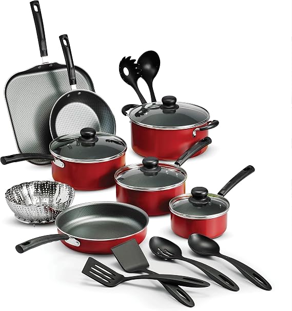 Tramontina 18 Piece Nonstick Cookware Set - Red - Aluminum Construction, Dishwasher Safe, Compatible with Gas, Electric, Ceramic Cooktops - Includes Saute Pans, Griddle, Dutch Oven, Cooking Utensils