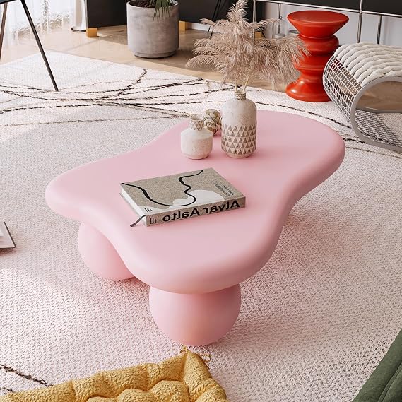 Modern Cloud Coffee Table with 3 Ball Legs, 47" Cute Irregular Shaped Coffee Table, Low Center Table Tea Table for Small Space Living Room, Bedroom, Pink