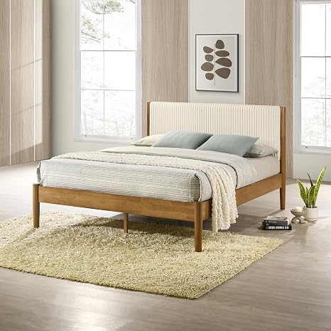 Roundhill Furniture Vichy Queen Platform Bed with Corduroy Upholstery in Light Walnut
