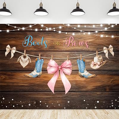 Riyidecor Boots or Bows Gender Reveal Backdrop Polyester Fabric Boy or Girl Baby Shower 7Wx5H Feet Rustic Western Wood Cowboy Hat Cowgirl Photography Background Newborn Photo Studio Shoot