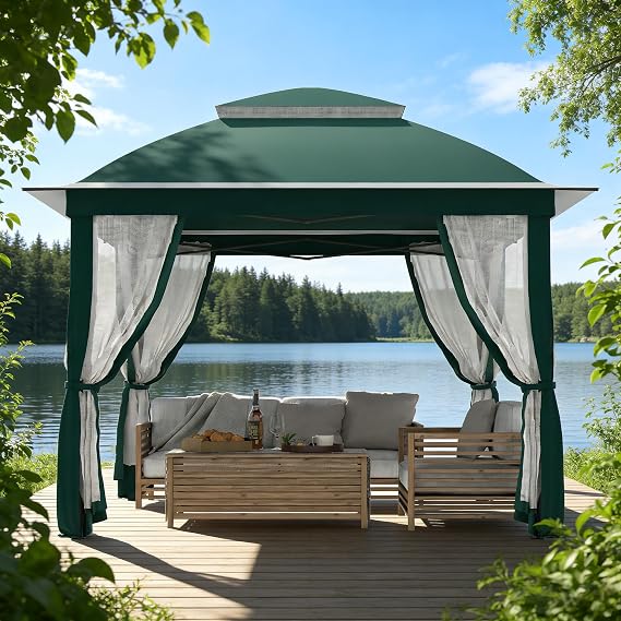 11'X11' Gazebo Pop Up with 4 Sidewalls Mosquito Netting | Heavy Duty Patio Gazebo Canopy Tent with Double Air Roofs for Backyards, Patios, Decks, Gardens, Parks