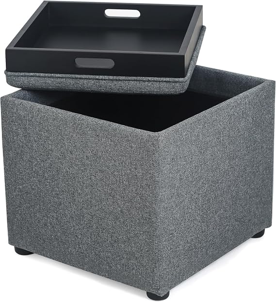 Storage Ottoman with Tray, Linen Square Cube Footrest Stool for Living Room, Entryway, Bedroom Dorm(Gray)