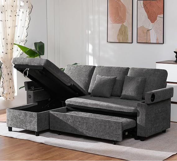 MAXYOYO Corner Sofa Bed with Storage, Pull Out Sectional Sofa Bed with Left/Right Convertible Launge, USB, Cup Holder, Linen Fabric for Living Room Apartment