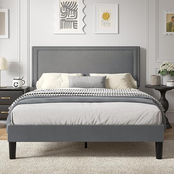 VECELO Full Size Platform Bed Frame with Height Adjustable Upholstered Headboard, Modern Mattress Foundation,Strong Wood Slat Support, No Box Spring Needed, Easy Assembly,Dark Grey