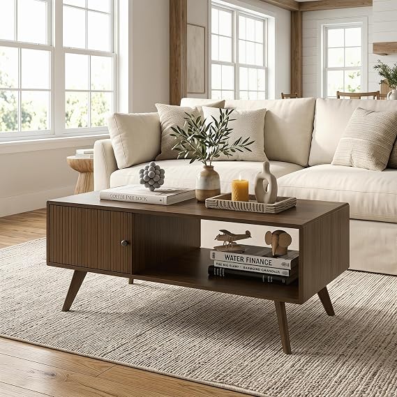 Manora Walnut Coffee Table With Storage Open Shelf Grooved Doors Wood Legs